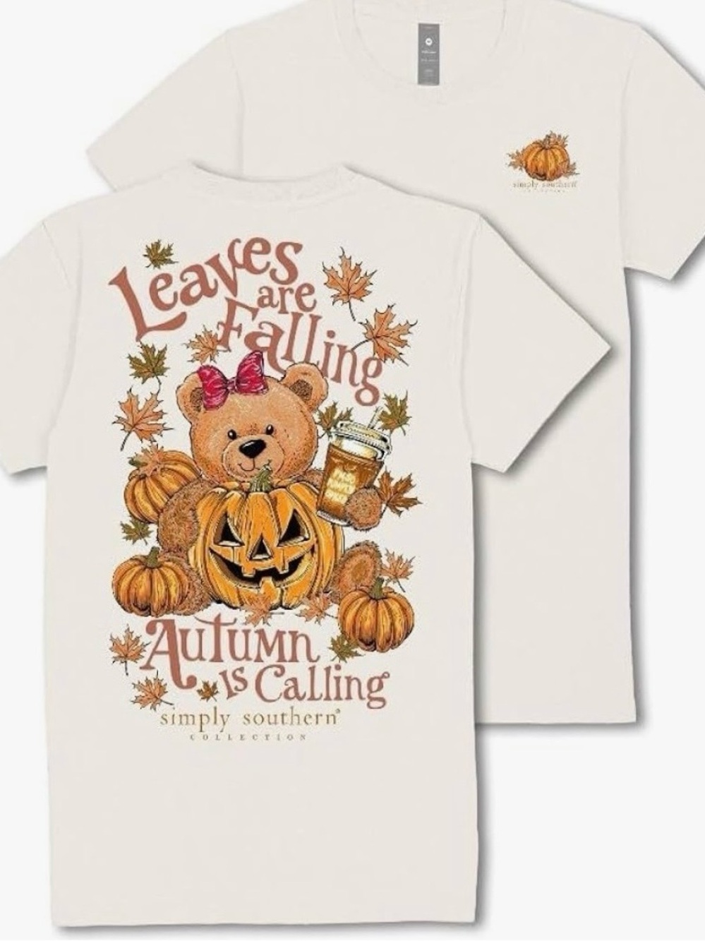NWT Simply Southern Short Sleeve T-Shirt Size XL Halloween Fall Leaves Bear